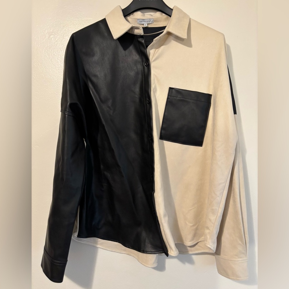 Crescent Vega Colorblock Button Down Shirt- LARGE, BLK/CREAM